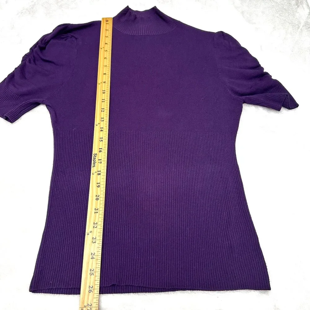 Bebe Women Purple Ribbed Mock Neck Puff Sleeve Sweater Knit Top Sweater Sz Large